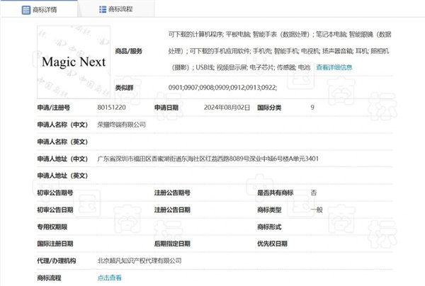 榮耀申請注冊Magic Next商標：覆蓋多種設備、軟件等