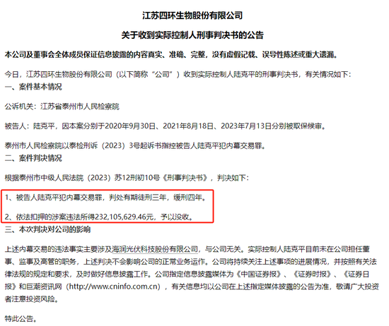 四環(huán)生物實(shí)控人陸克平犯內(nèi)幕交易罪，被判處有期徒刑三年緩刑四年、沒收違法所得2.32億元