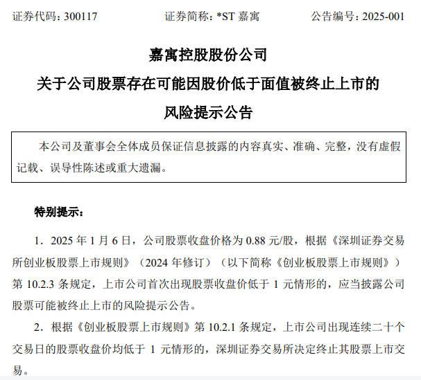 *ST嘉寓提示存在“面值退”風(fēng)險(xiǎn)，收盤(pán)價(jià)首次低于1元/股
