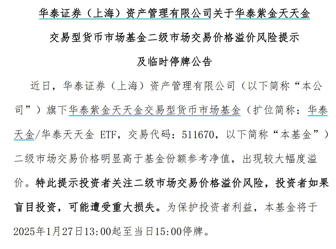 出現(xiàn)較大幅度溢價(jià)，9只貨幣型ETF午后集體停牌
