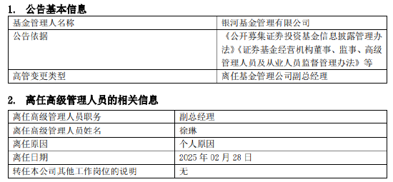 任職4年4月！銀河基金高管變更：副總經(jīng)理徐琳離任