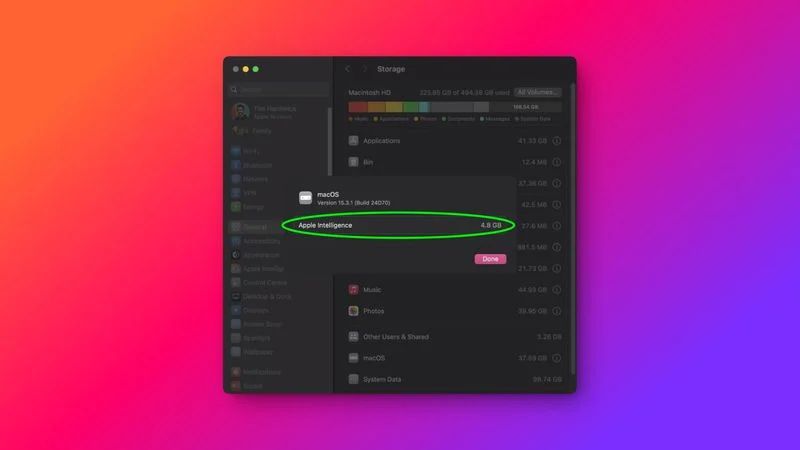 macOS 15.4 Beta 2 隱藏 Apple 智能存儲信息，蘋果稱最多占用 7GB