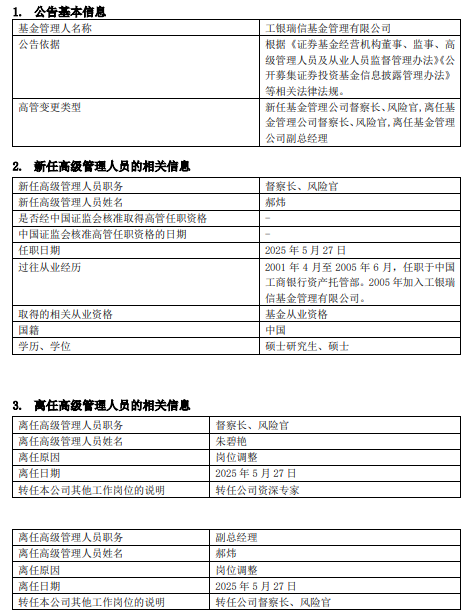 工銀瑞信基金高管變更：副總經(jīng)理郝煒轉(zhuǎn)任督察長、風(fēng)險(xiǎn)官  朱碧艷轉(zhuǎn)任公司資深專家