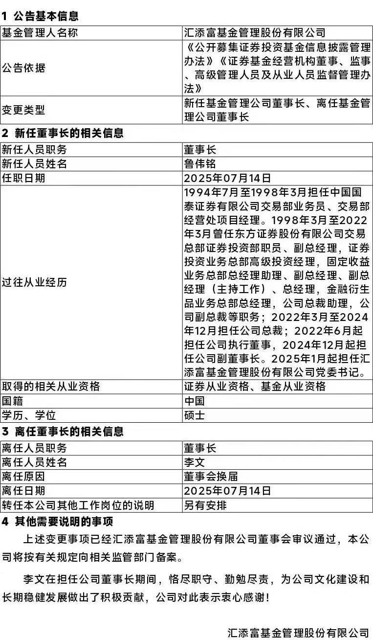 匯添富基金，董事長變更！