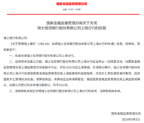 瑞士信貸銀行股份有限公司上海分行獲批關(guān)閉
