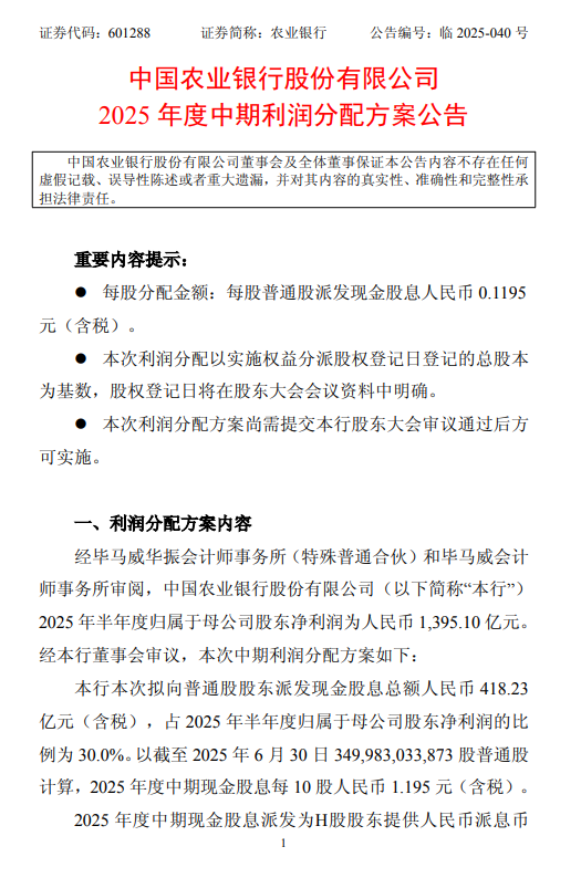 農(nóng)行發(fā)布中期利潤分配方案：擬每10股派發(fā)現(xiàn)金股息人民幣1.195元